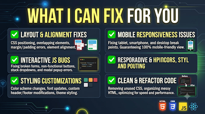 fix HTML, CSS, javascript, and react customize your website