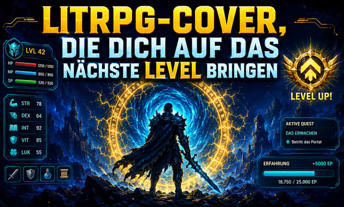 gestalte ein litrpg oder gamelit buchcover mit game UI elementen