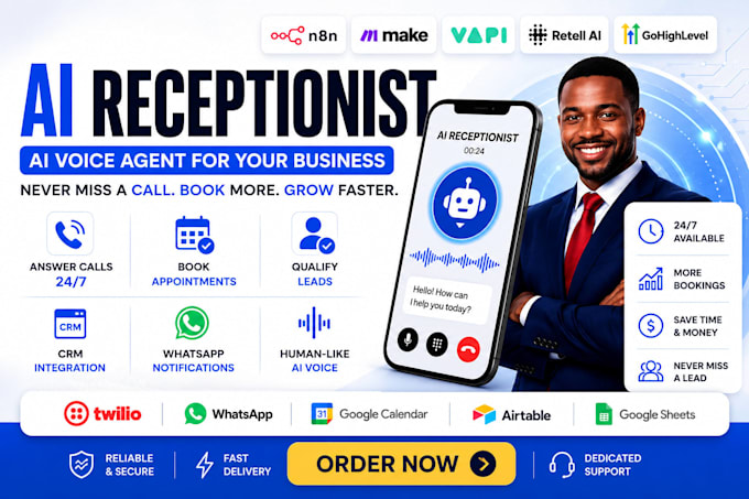 ai receptionist, ai voice agent using vapi, retell ai, n8n, make