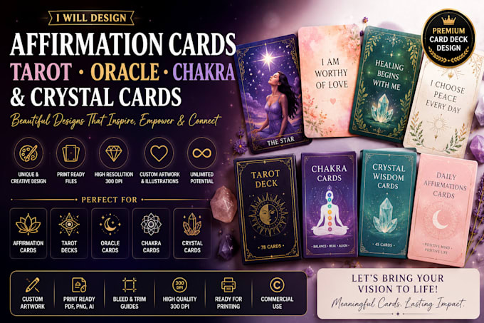 design tarot card decks, oracle cards, chakra cards and custom affirmation cards