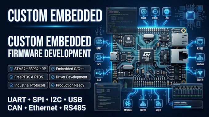 develop custom embedded firmware for uart spi i2c usb can ethernet rs485