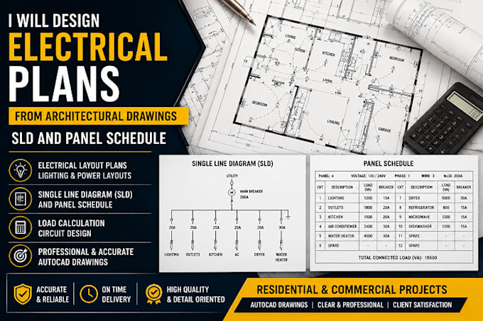 design electrical plans from architectural drawings sld and panel schedule