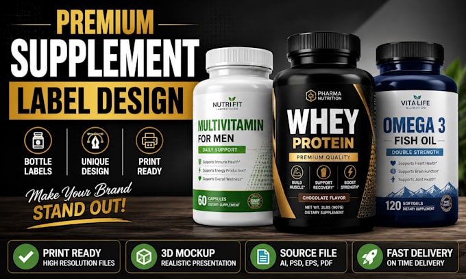 design premium supplement label and bottle packaging
