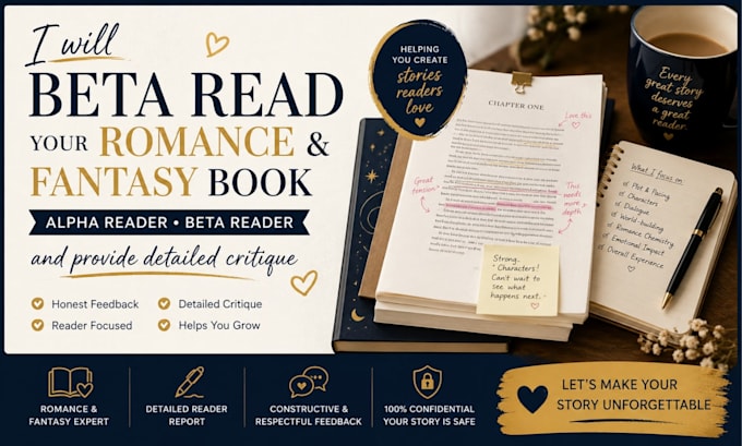 beta read your romance book, alpha read fantasy and provide detialed critique