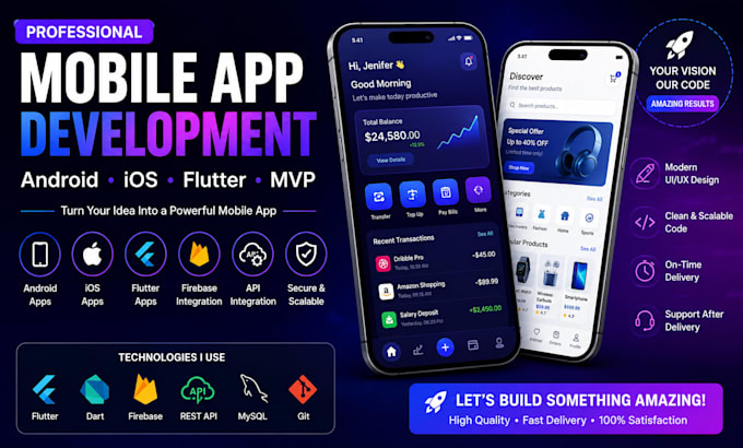 develop custom mobile app, flutter app, android ios app and mvp