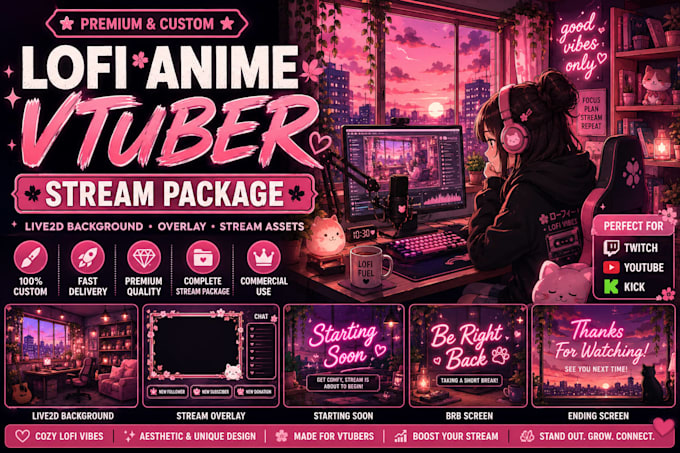 design custom lofi anime vtuber stream package, live2d background and overlays