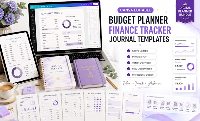 create budget planner, finance tracker, journal templates, canva design
