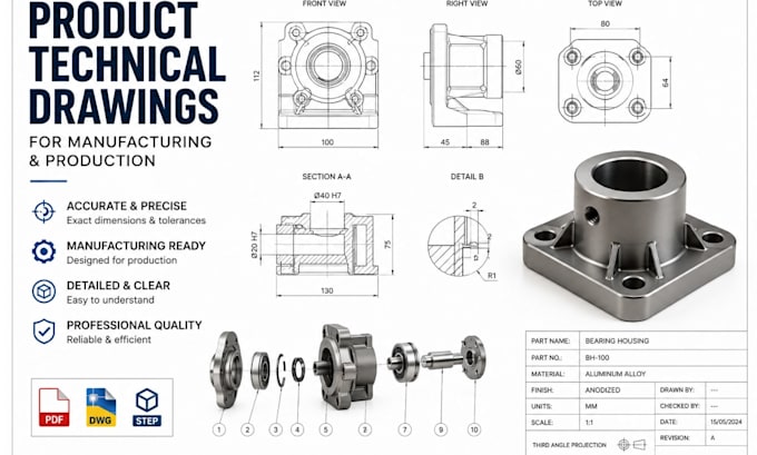 create product technical drawing, cad drawing for manufacturing and production