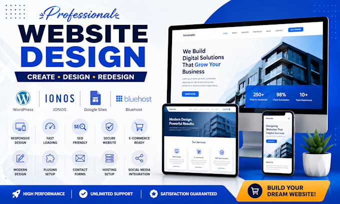 create, design and redesign wordpress website on ionos, googlesite and bluehost