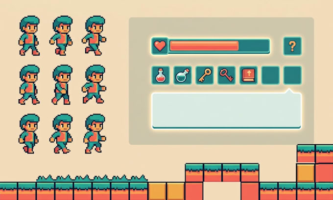 design pixel game asset, game sprite, vector 2d game asset, tilemaps, game UI UX