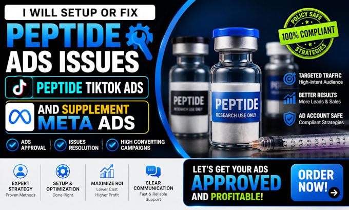 setup or fix peptide ads issues peptide tiktok ads and supplement meta ads