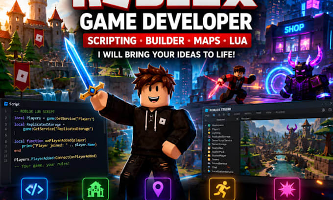 be your roblox game developer for scripting, builder, maps and lua