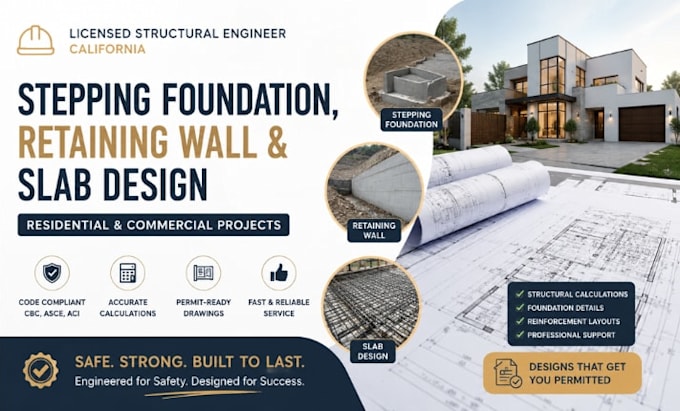 do stepping foundation, retaining wall, slab design as a engineer in california