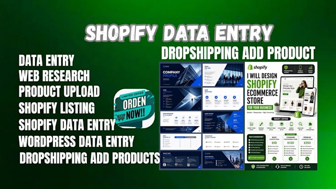 do shopify data entry, upload content, and product listings