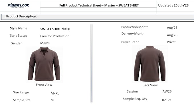 create a professional apparel tech pack for clothing manufacturers