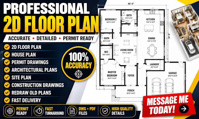 draw 2d floor plan, house plan and architectural permit drawings