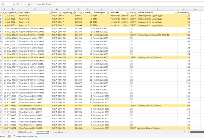 clean and validate engineering data, io lists, instrument and tag databases