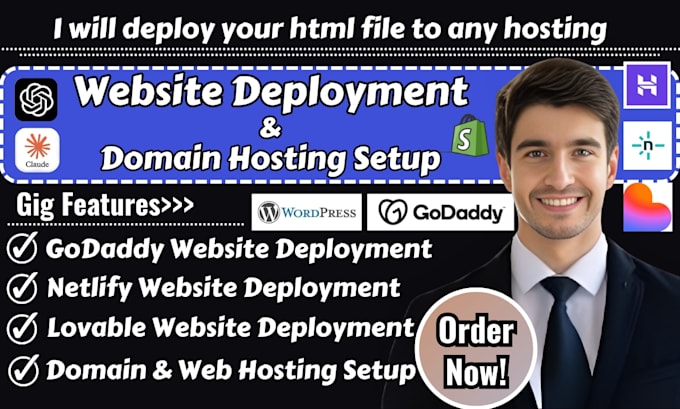 deploy your html website, connect domain to godaddy hosting, netlify, lovable