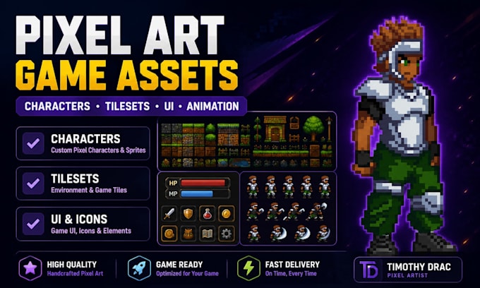 do pixel art characters, pixel game ui tilesets, 2d pixel art animation sprite