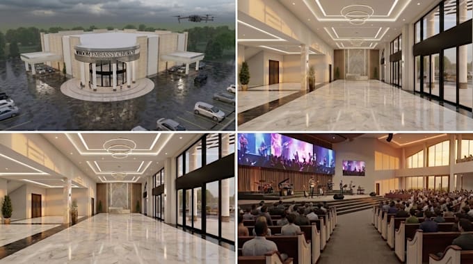 design church interior, exterior, floor plan and 3d modeling