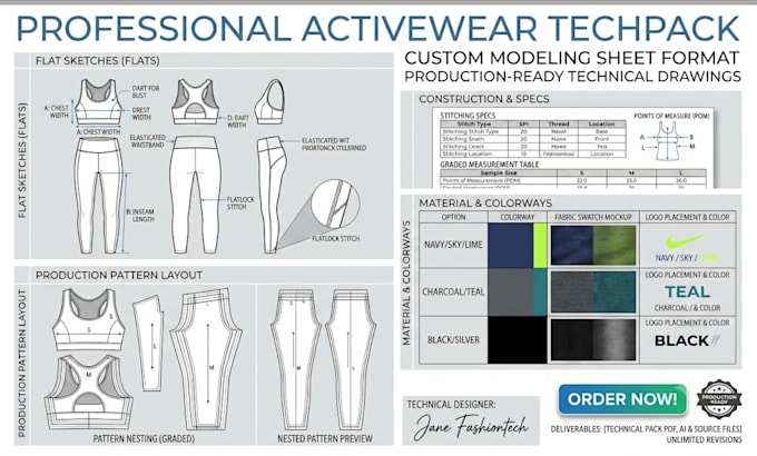 design custom fashion activewear techpack with technical drawing for production