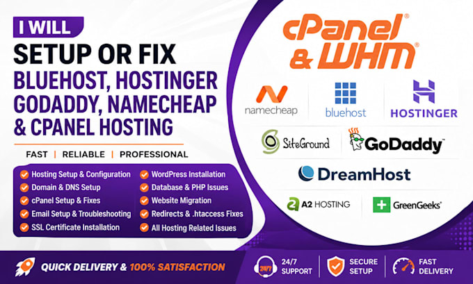 setup or fix bluehost hostinger godaddy namecheap cpanel hosting