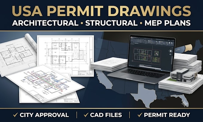 create USA permit ready architectural structural mep drawing for city approval