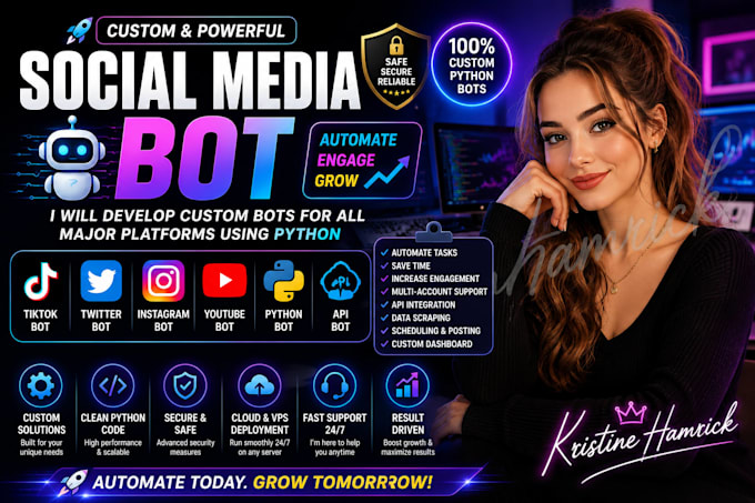 develop social media bot, twitter bot, tiktok bot, instagram bot, python bot