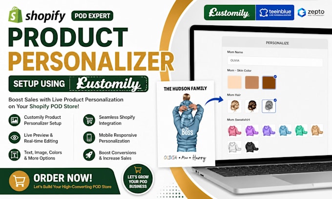 setup shopify pod product personalizer using customily teeinblue zepto