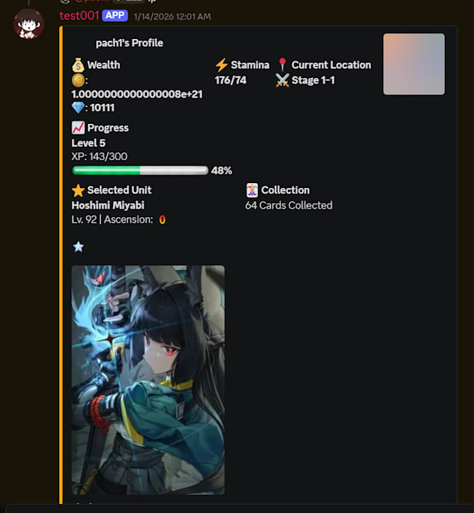 develop a custom discord bot with gacha, rpg combat, live data