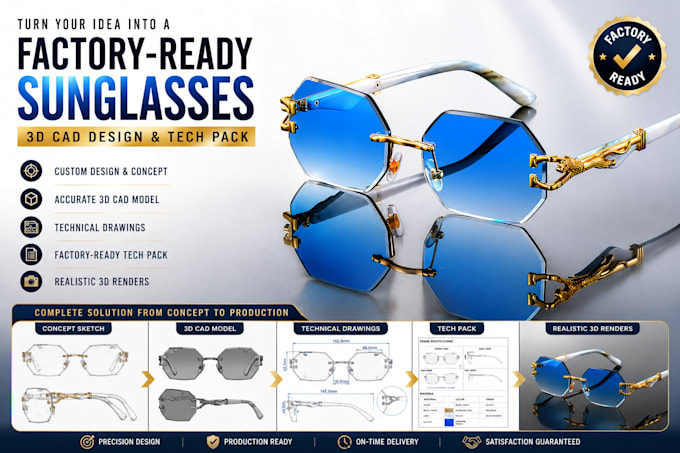 design sunglasses, create a factory ready tech pack, and 3d cad model