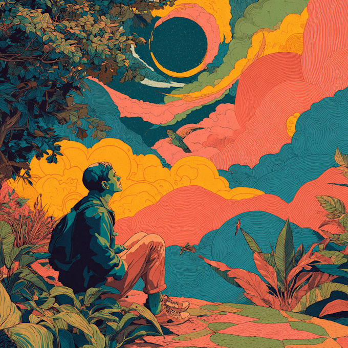 create psychedelic illustration, trippy art for album design