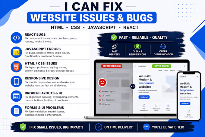 fix HTML CSS javascript or react bugs on your website