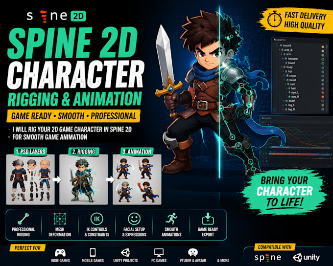 create spine 2d character rigging for 2d game animation, indie games, vtuber rig