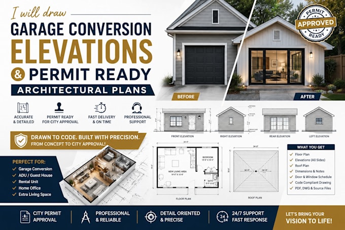 draw garage conversion elevations and permit ready architectural plans
