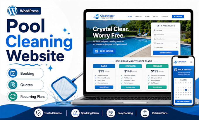 design a pool cleaning wordpress website with recurring plans quotes and booking