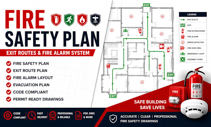 design fire safety plan, exit routes and fire alarm system