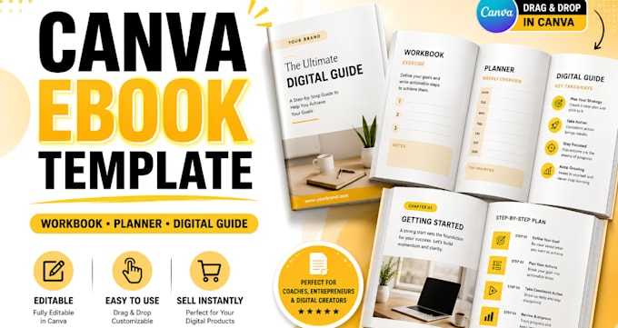 create editable canva ebook template, pdf workbook, planner and digital guide