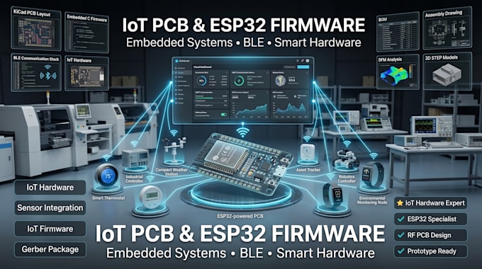 develop esp32 iot hardware with kicad pcb, ble firmware and sensors