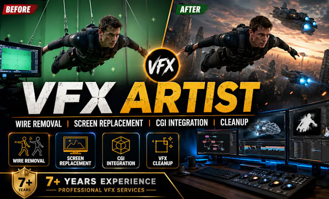 be your vfx artist for wire removal, screen replacement, cgi and cleanup