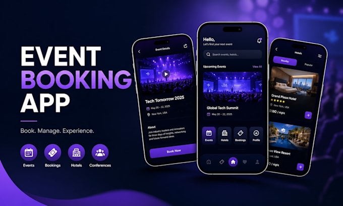 develop event booking app conference app event management app hotel booking app