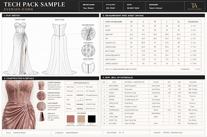 create evening gown and bridal dress tech pack