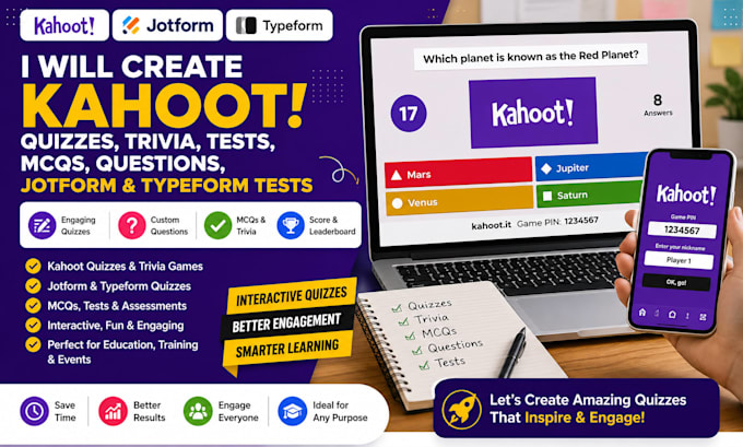 create kahoot quiz, trivia, mcqs, jotform and typeform tests