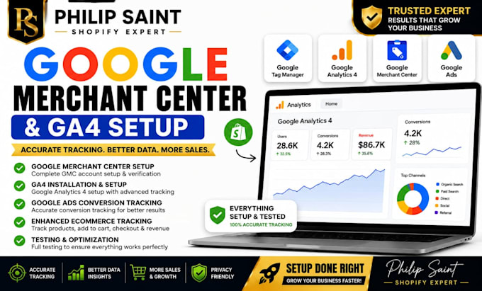 setup merchant center, ga4, google tag manager