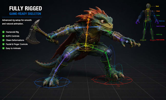stylized 3d character modeling and rigging for unity, unreal, games