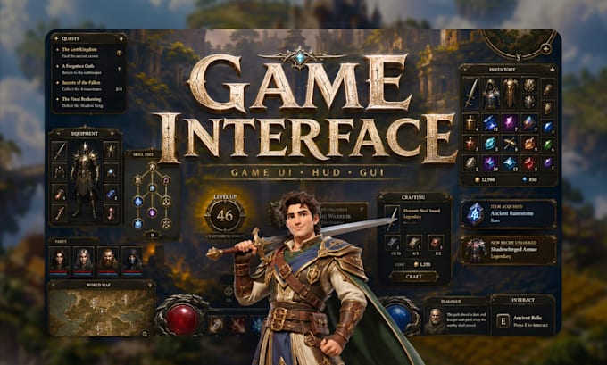 design game UI, hud, gui, game interface and 2d game assets