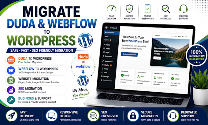 migrate duda, webflow to wordpress, shopify, redesign and transfer website
