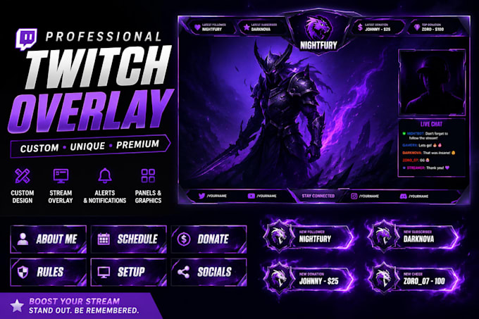 create a full twitch stream branding pack with animated overlays