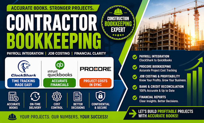 manage clockshark, quickbooks, procore bookkeeping for contractors with payroll