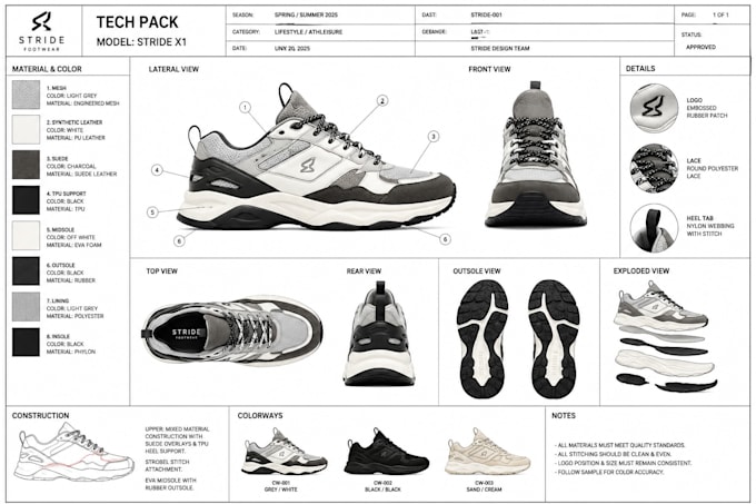 design tech pack sneakers, 3d footwear, shoe techpack render for manufacturing